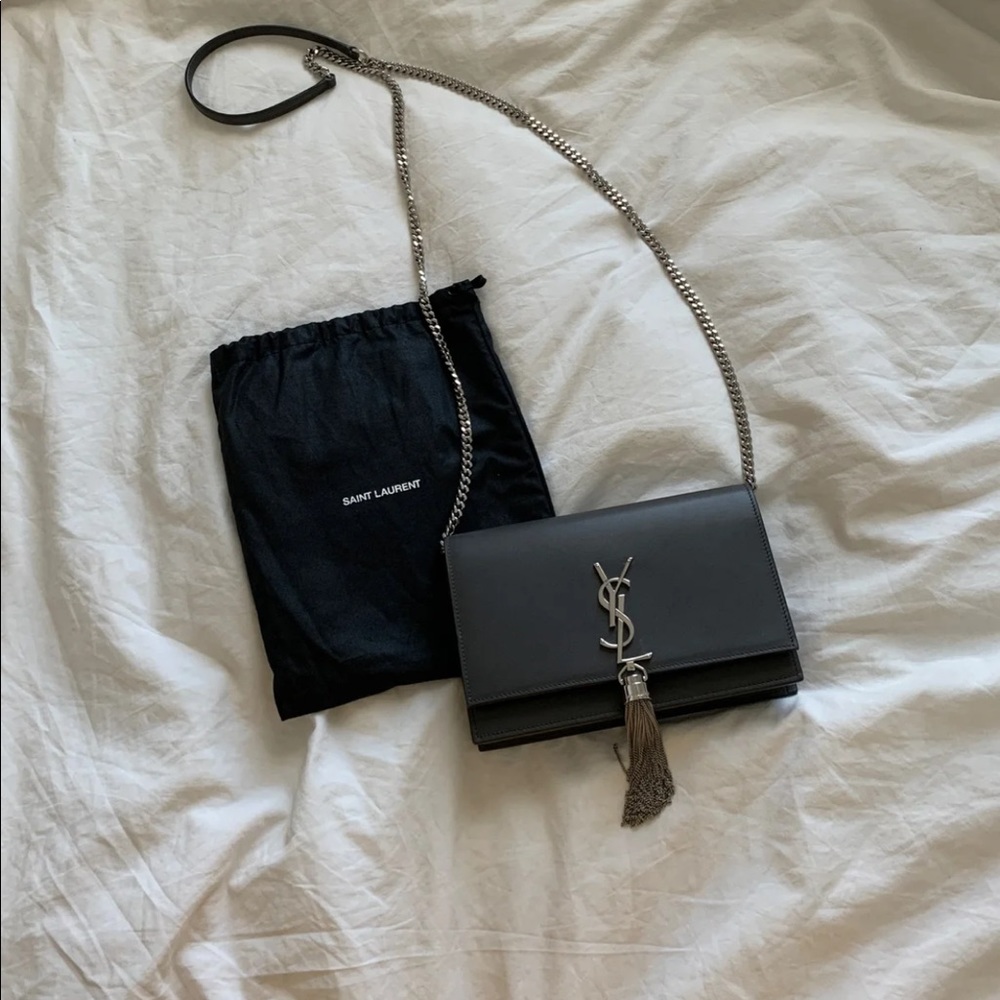Saint Laurent Kate gray tassel bag